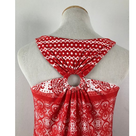 EMMA & MICHELE Maxi Dress Size Medium Red White Print Cut Out Back Knit Summer - Picture 6 of 7